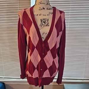 Basic Editions Pink and Red Argyle Cardigan